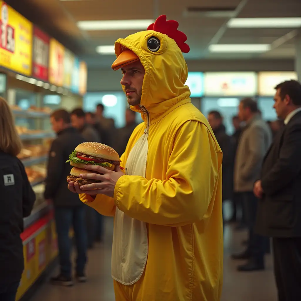 Man-in-Vintage-Chicken-Costume-Waiting-in-Sandwich-Queue-70s-Movie-Poster-Style