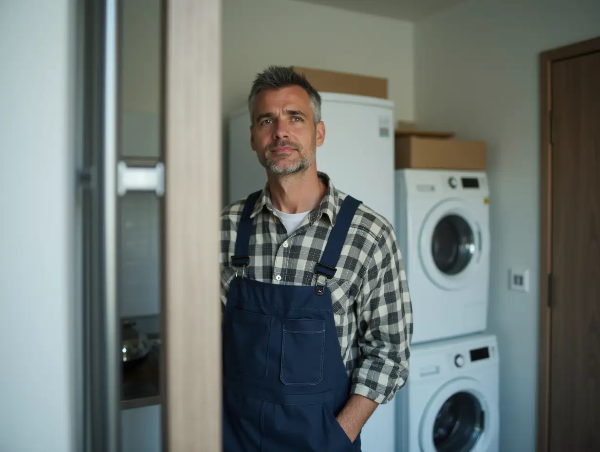 A middle-aged home appliance technician in overalls looks into the frame, with a washing machine and refrigerator in the background. Realistic photo.