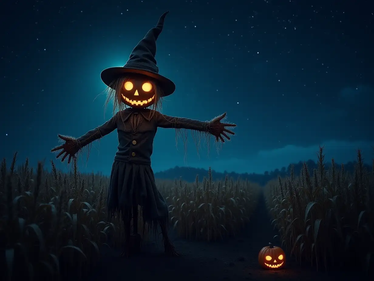 Eerie Halloween Scarecrow in a Cornfield Under a Starry Night Sky for Spooky Seasonal Designs