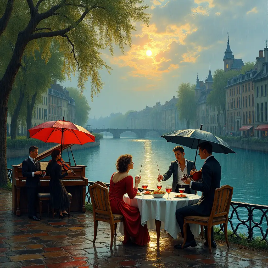 Evening-by-the-River-with-Musicians-and-Guests-Dining-Under-Umbrellas