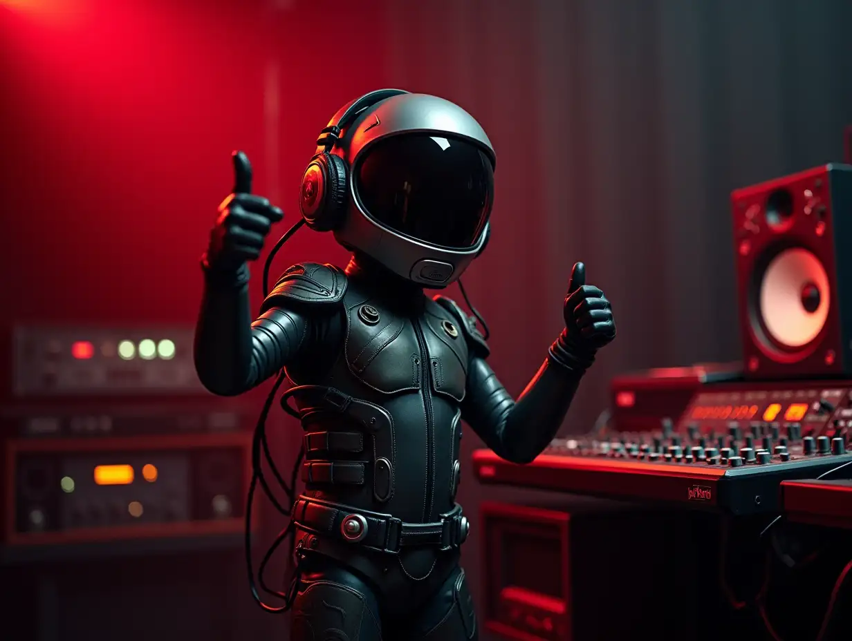 Funny, little laughing character, in a tight steel-colored cyber suit with lots of wires, wearing a mask, standing in a music studio and giving a thumbs-up, lots of equipment, gloomy with red-lit surroundings