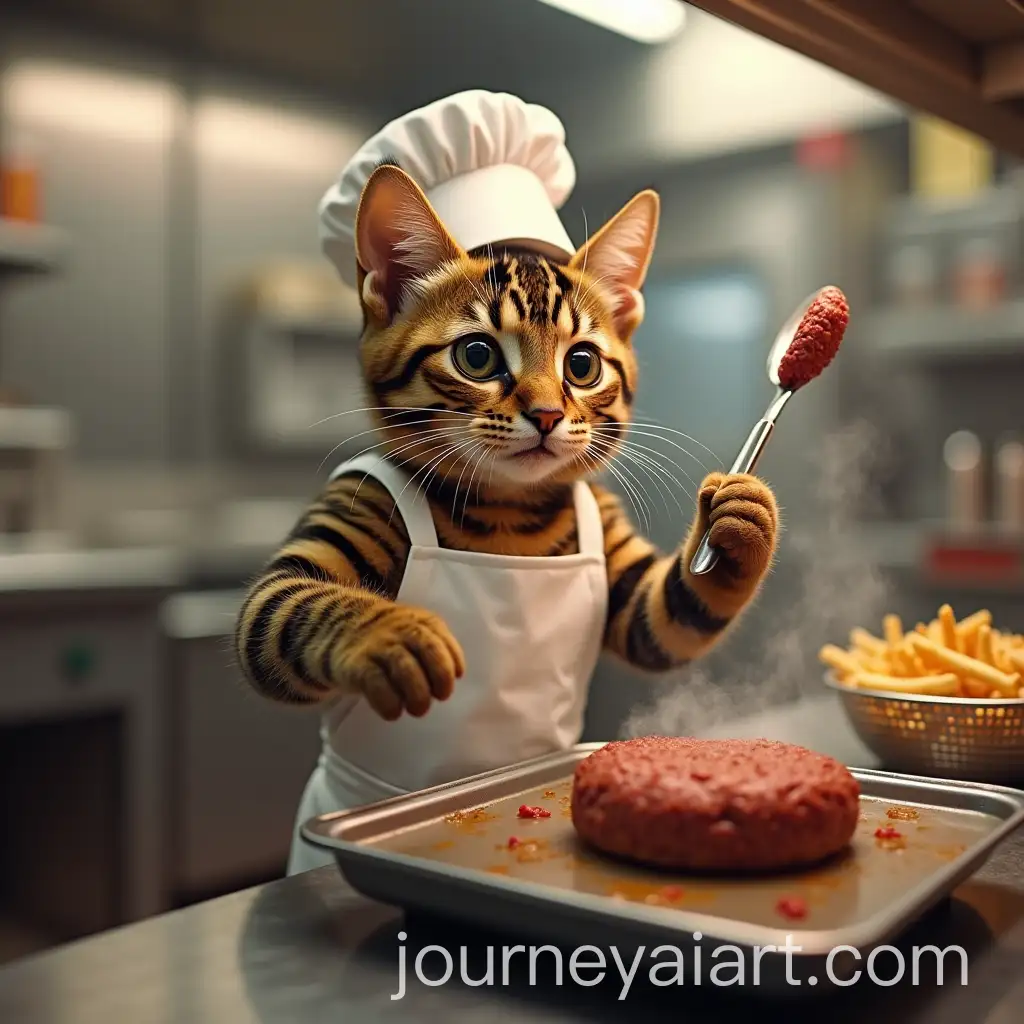 Cute-Tiger-Cat-Chef-Cooking-Burger-in-Fast-Food-Restaurant-Kitchen