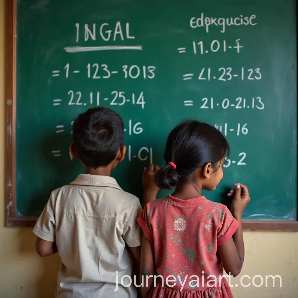 Indian-Children-Writing-on-Green-Blackboard-in-Classroom