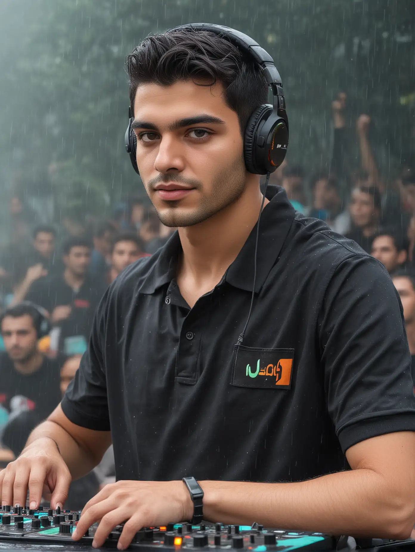 a handsome Persian young man posing ready play DJ Console, wearing black polo shirt, DJ headphones, Realistic eyes, Detailed face, Upper Body, Looking at the audience, sideway shot, look at the camera,outdoor music festival rainy day,stage light colorfull,teal and orange