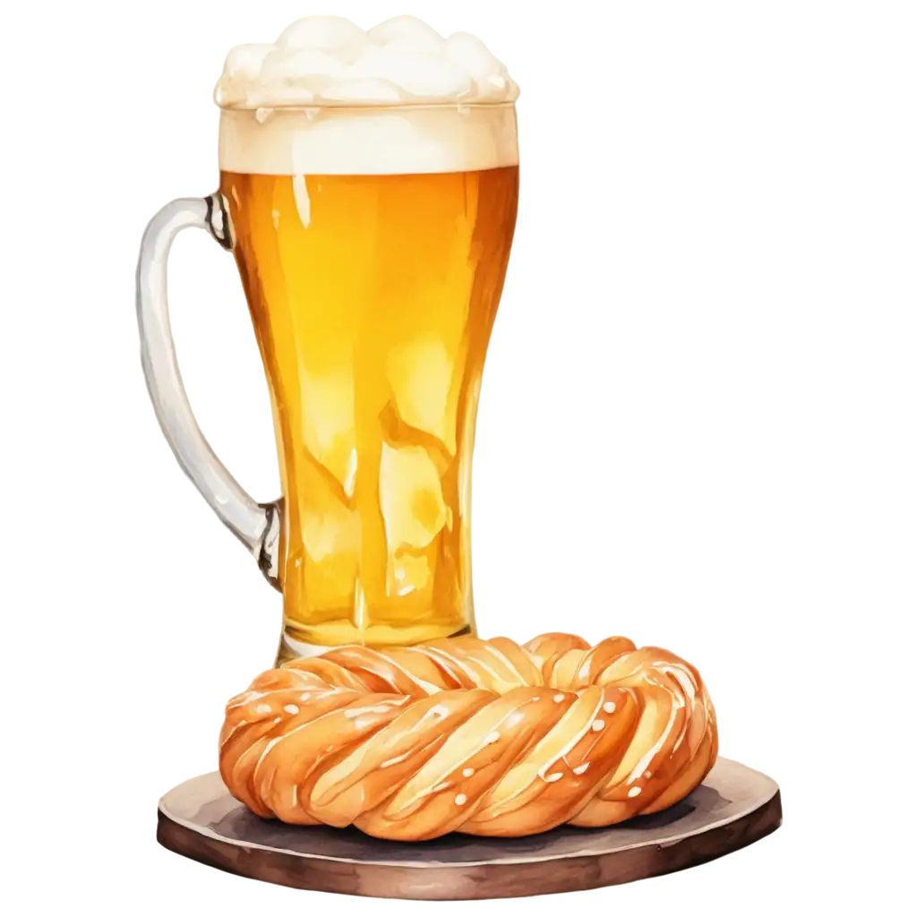 Pickled-Cheese-Braid-and-Foamy-Beer-Mug-PNG-Image-Watercolor-Style-on-Wooden-Table