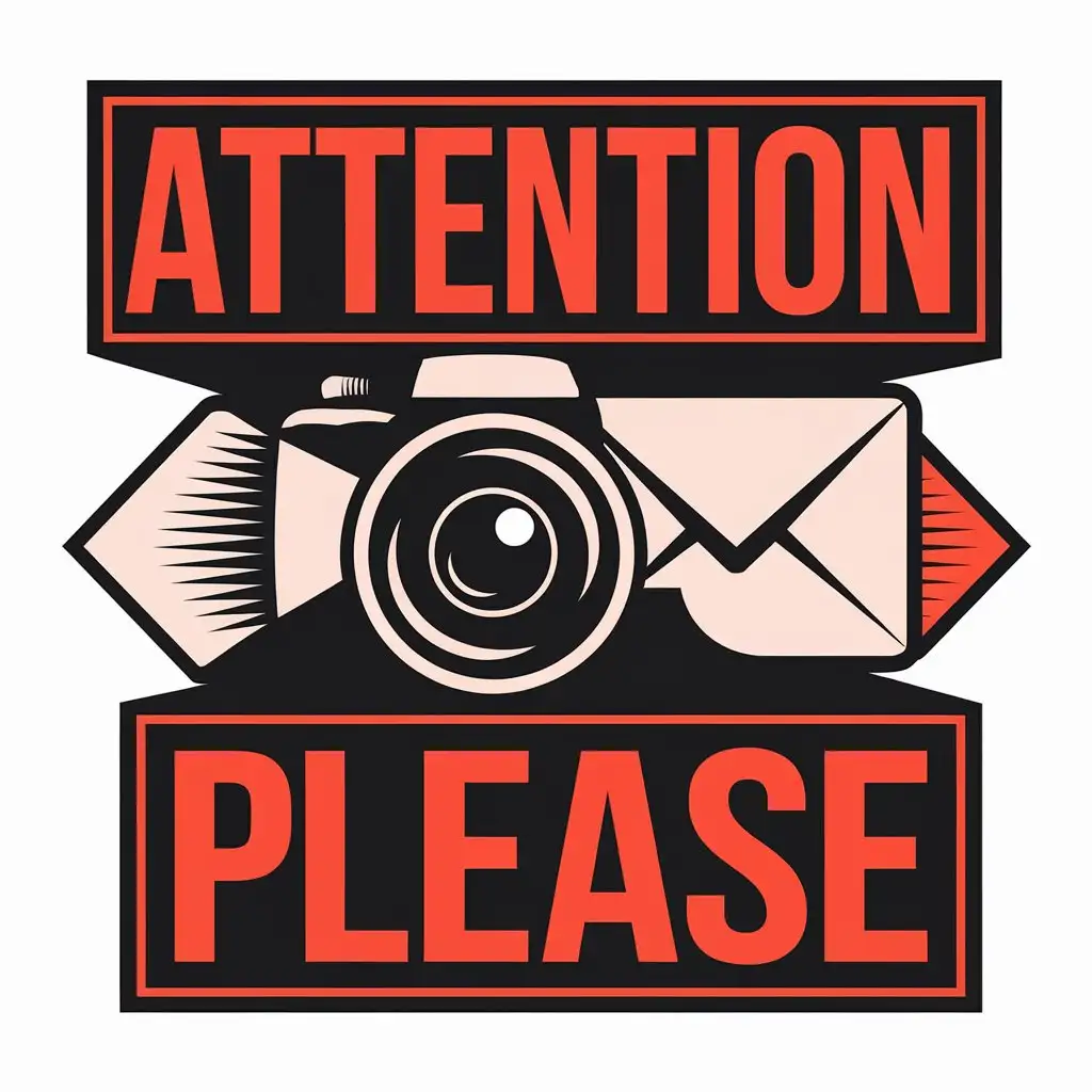 a vector logo design,with the text "attention，please", main symbol:camera, envelope,Moderate,be used in Internet industry,clear background