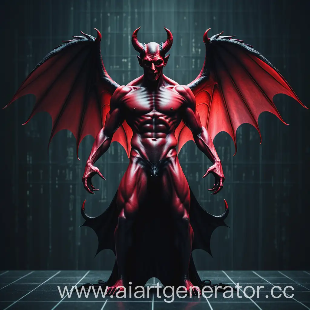 Depict a very proud devil with wings in black and red tones, located in the matrix in an open pose. Super dark tones
