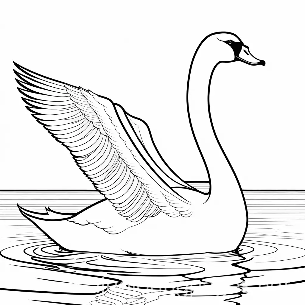 Swan, Coloring Page, black and white, line art, white background, Simplicity, Ample White Space. The background of the coloring page is plain white to make it easy for young children to color within the lines. The outlines of all the subjects are easy to distinguish, making it simple for kids to color without too much difficulty