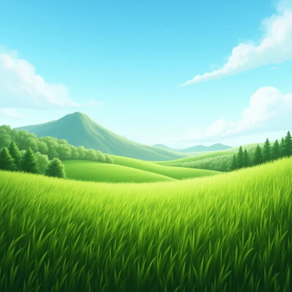 A serene landscape of a lush green field with a gentle breeze, where tall grasses sway and a distant mountain looms under a bright blue sky.