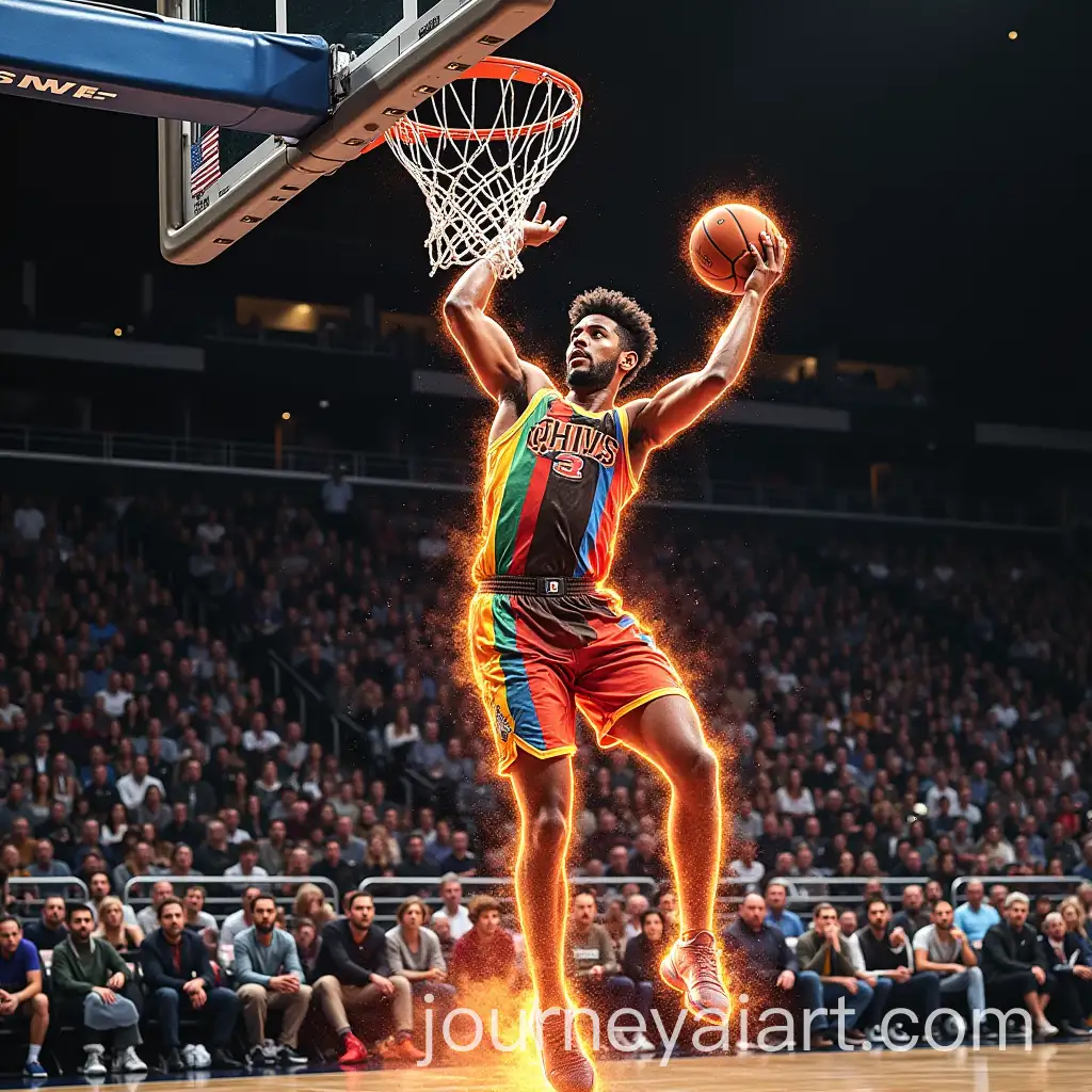 Ja-Morant-DunkingAI-Image-Prompt-Expansion-on-Wembanyama-with-Fiery-Rainbow-Outline-and-Black-White-Crowd