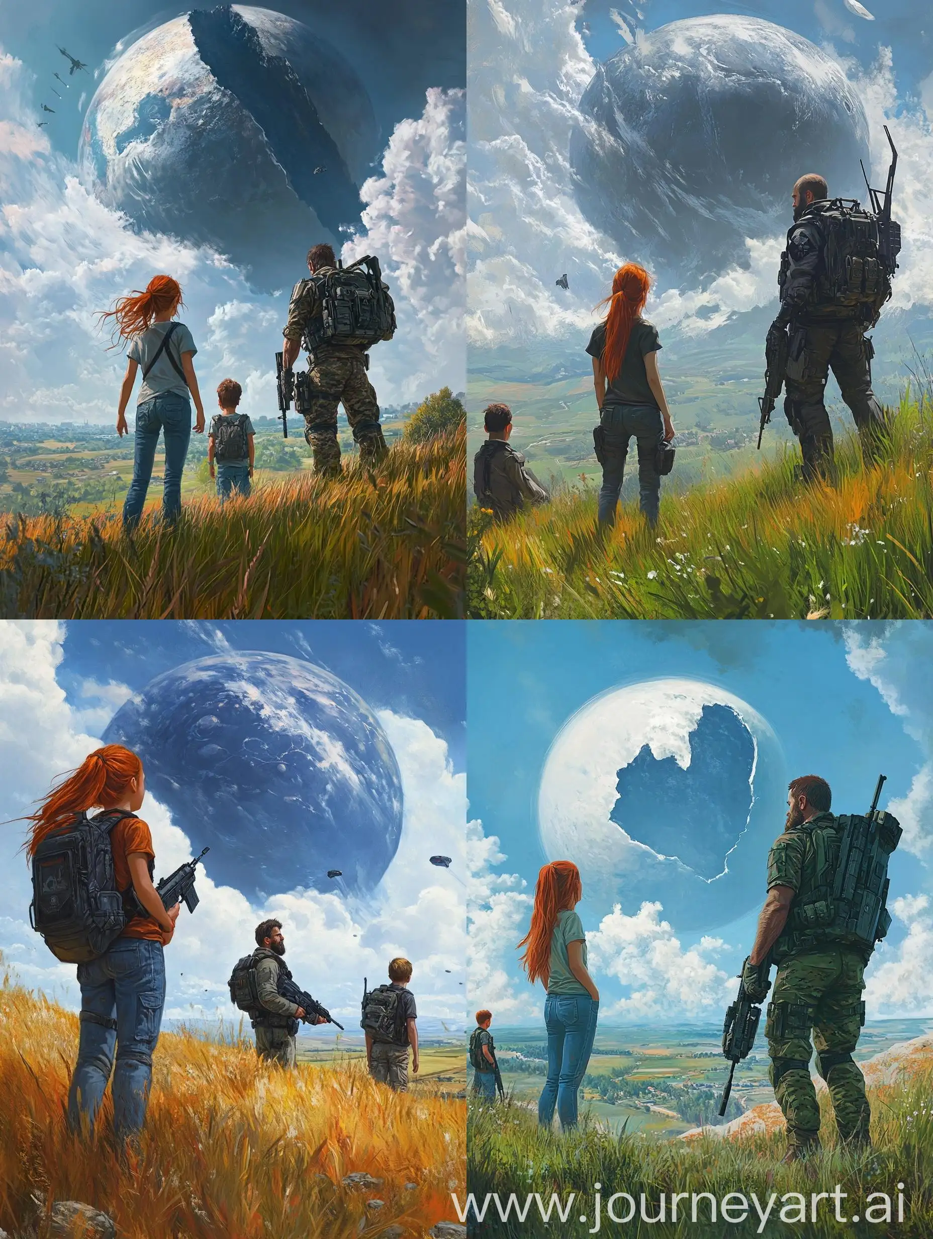 RedHaired-Girl-with-Modern-Soldier-and-Teenagers-in-Surreal-Landscape