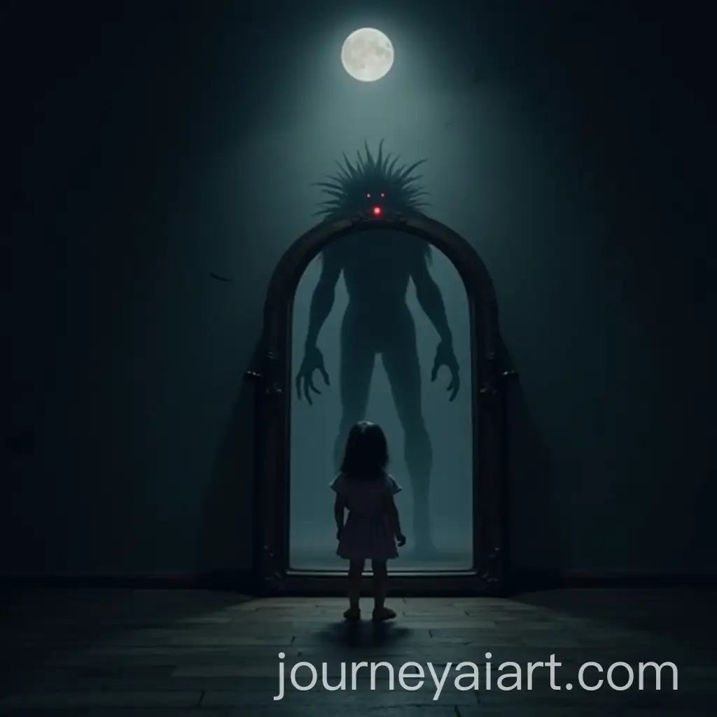 Little-Girl-Facing-Scary-Monster-in-Moonlit-Mirror