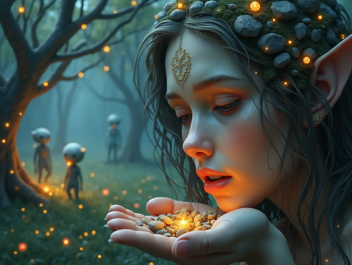 Creating a digital painting of a face with stone hair, carrying a hand with white and brown stones and illuminated river trees with roots and lanterns and strange alien beings on a meadow