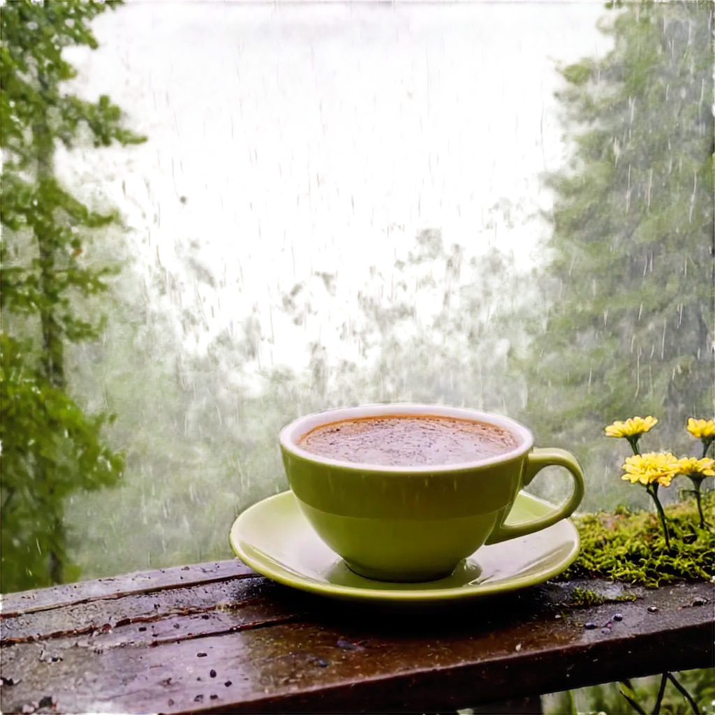 Rainy-Forest-Coffee-Scene-PNG-Image-of-Coffee-Cup-Amidst-Rain-and-Flowers