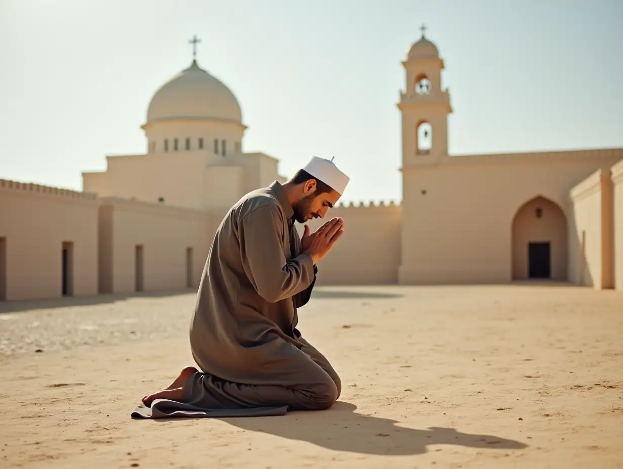 Muslim-Man-in-Traditional-Arabic-Robes-Praying-in-a-Desolate-Church-Yard