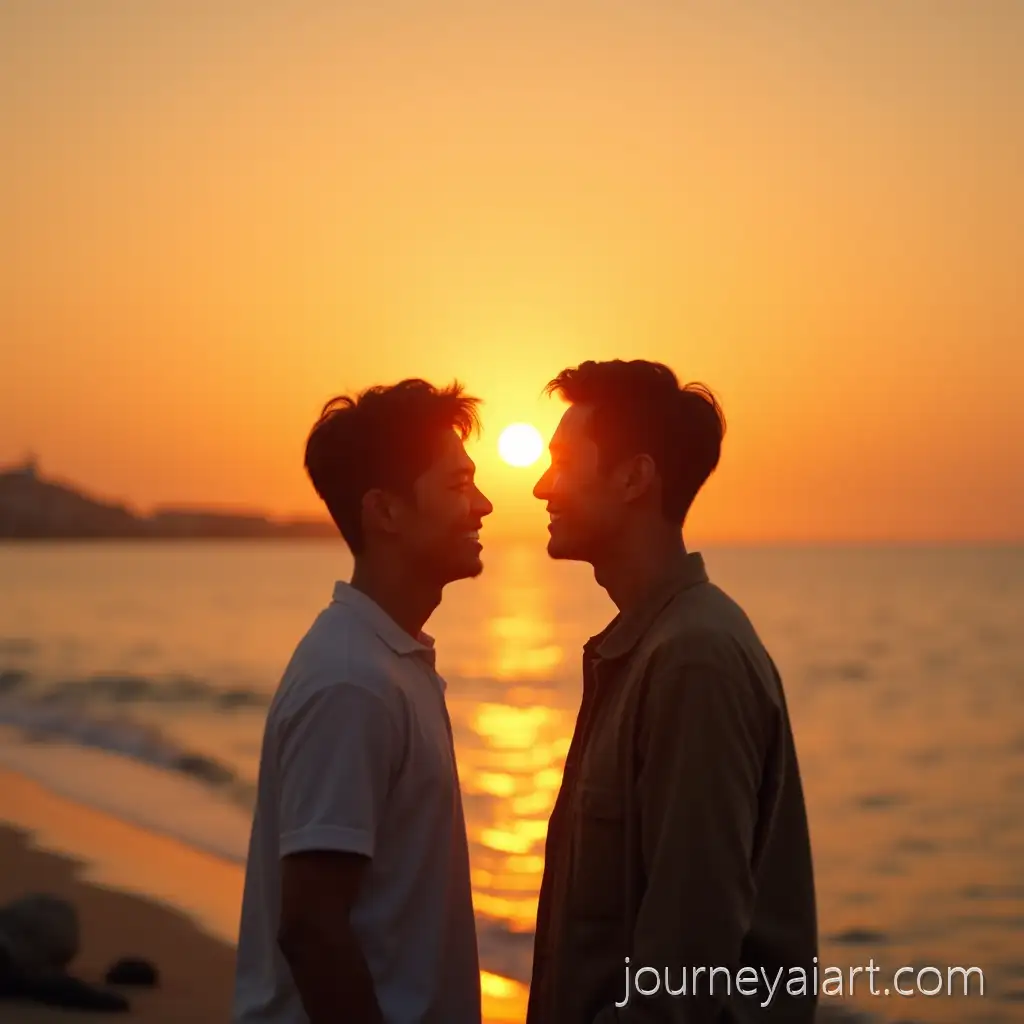 Two-Young-Korean-Men-EmbracingJoyful-sunset-connection-Friendship-on-Seaside-at-Sunset