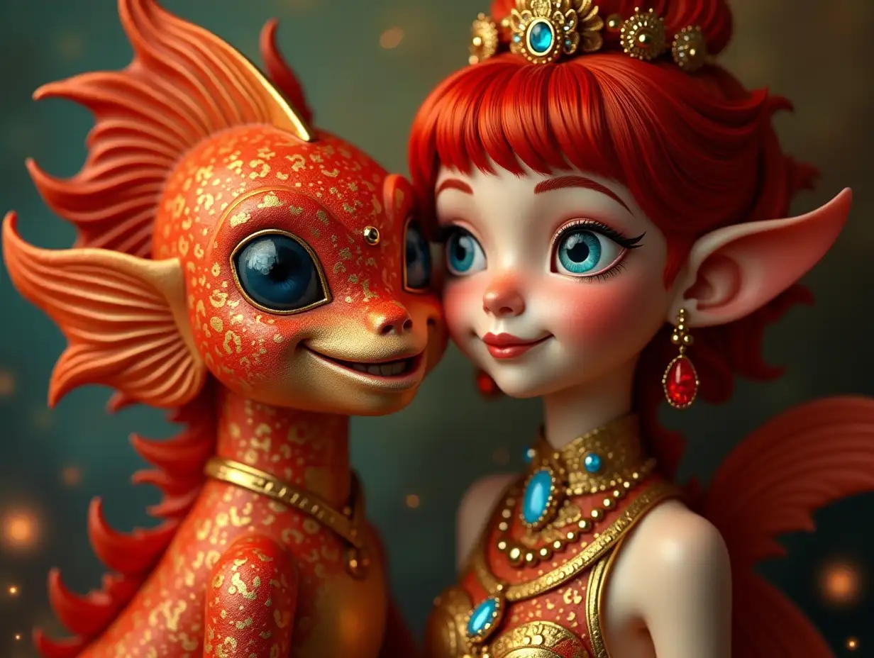 Two young red-gold patterned older fish with alien face, with red hair, with a slight smile on their faces, emphasizing their smile, modern retro jewelry, in a temple with many diamonds of various shades 4k