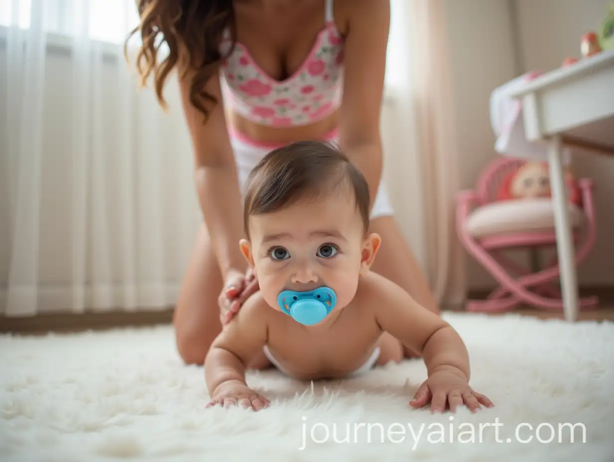 Baby-Boy-Crawling-Toward-Bassinet-with-Mother-Reaching-Out-in-Girlish-Room