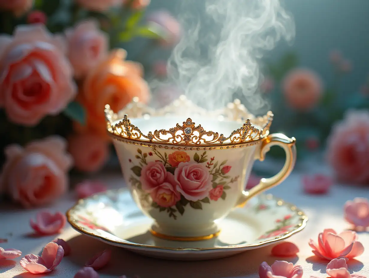 The detailed way from Luna's delicate tiaras to the steam rising from the teacup like clouds was a masterpiece, creating perfect contrast with the vivid color of flowers that exceeded the threshold.