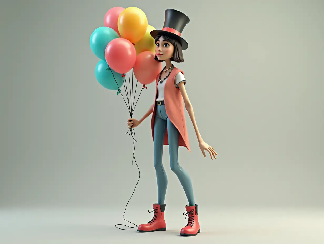  A very long 3D female figure with extremely thin legs and long thin arms with top hat and boots and wearing jewelry.and is holding several balloons in the hand 4K resolution Colorful