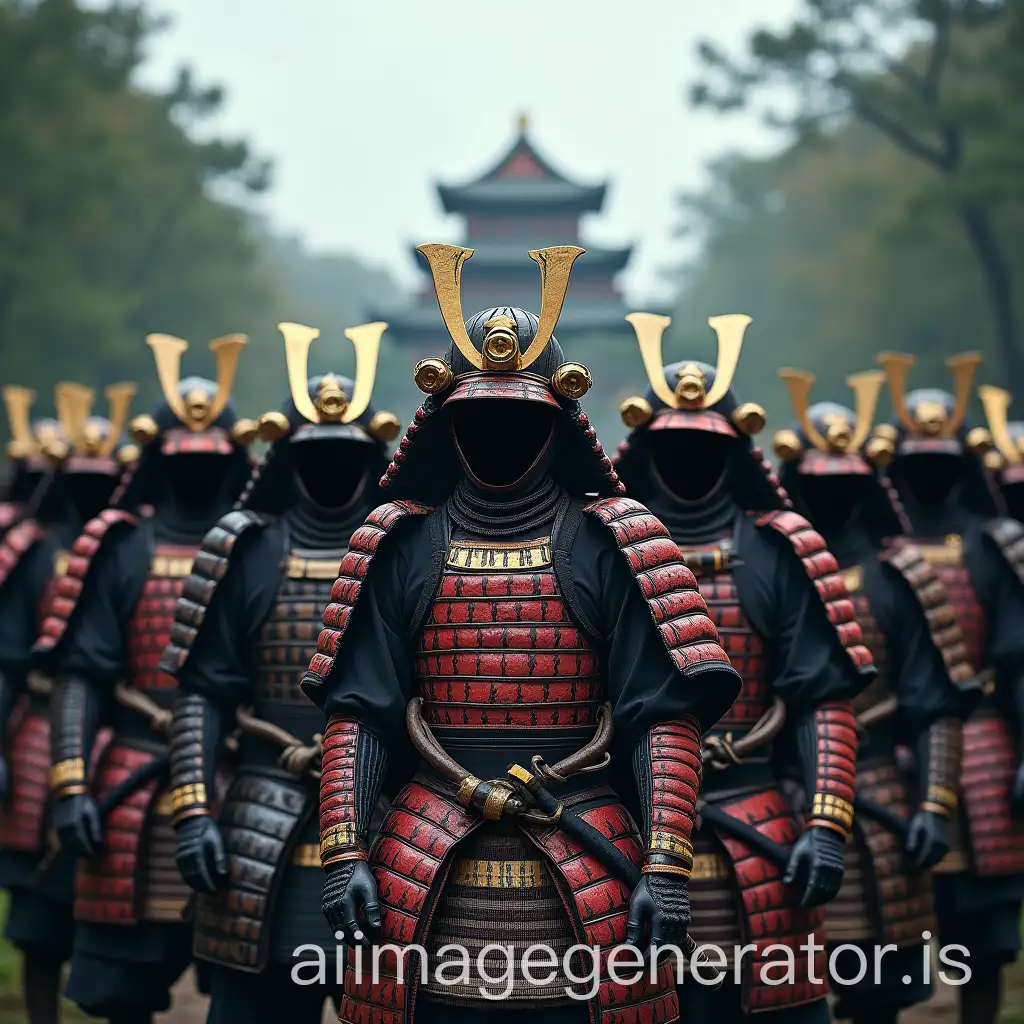 Group-of-18-Samurai-Warriors-in-Traditional-Japanese-Armor-with-Misty-Forest-and-Castle-Background