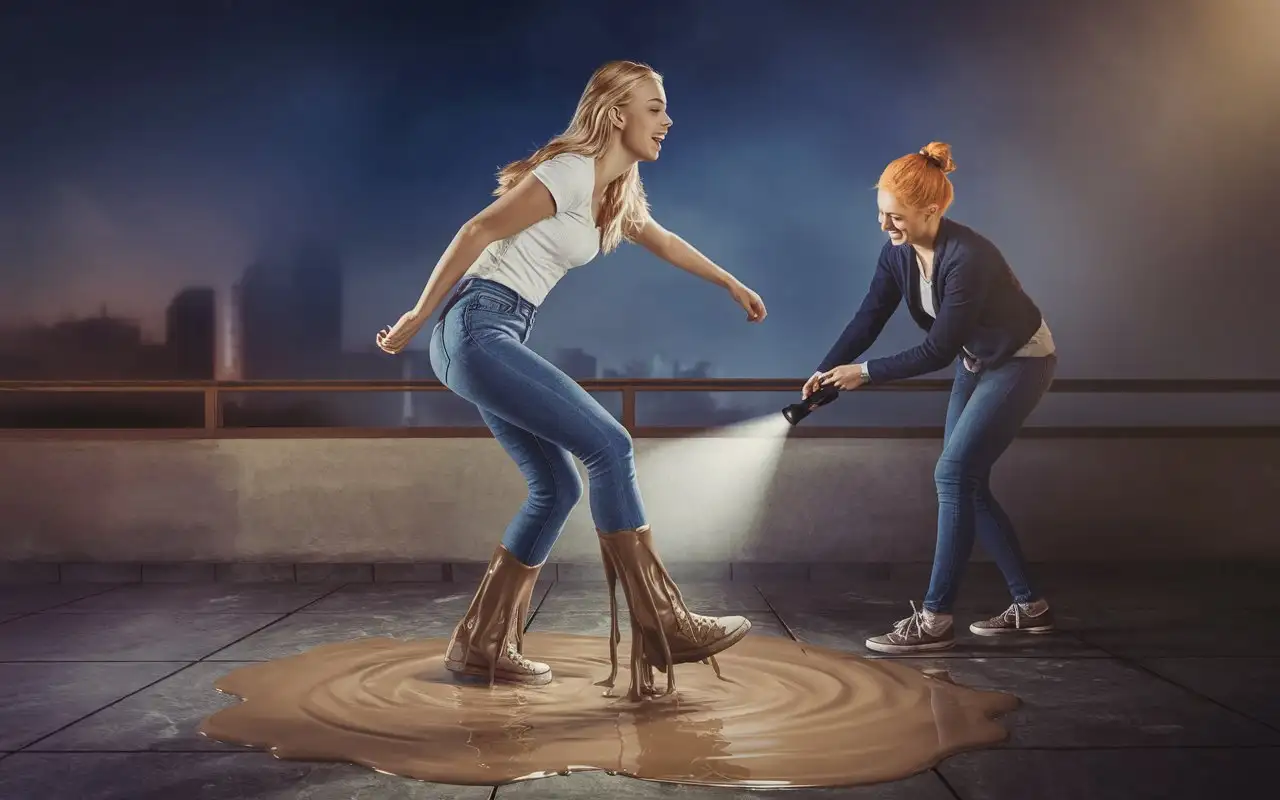 Scene: full body profile view of young blonde woman laughs as her arms and legs turn into melting white chocolate when she steps on a puddle of melted icecream in on a terrace, beside the puddle is a ginger woman shining a flashlight on the puddle,  the ginger woman is fit, natural ginger,  beautiful, young, dark cut off striped tank top and jeans shorts, pushup cleavage, eyes grey, freckles on her arms, chest and shoulders, ginger complexion, thin lips, busty, thin waist, slender frame, flat stomach, hourglass figure, wild unkempt very curly ginger hair, night, haze, her blonde girfriend is sinking deep in the puddle, watching, giggling, photorealism , img_2004.HEIC