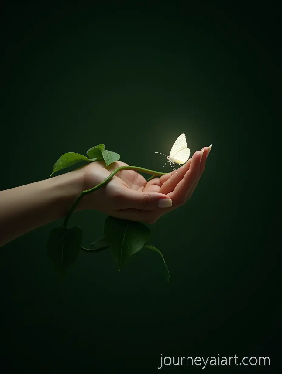 CloseUp-of-FeminineFeminine-Hand-with-Butterfly-Hand-with-Vine-and-Glowing-Butterfly-on-Index-Finger