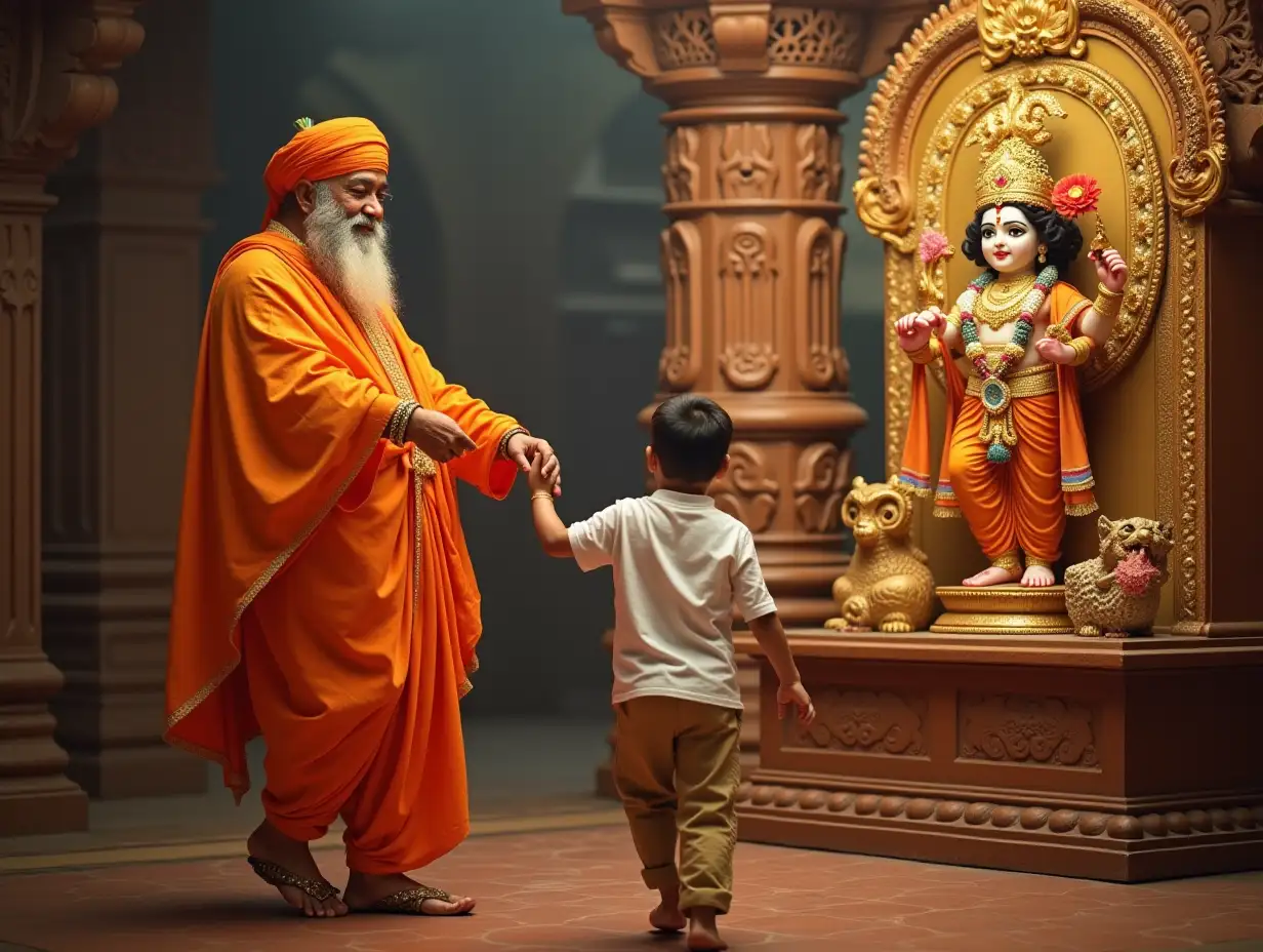 Premanand ji maharaj holding a boy's hand and going to decorated lord Krishna temple