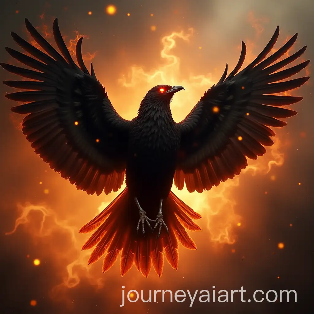 Fiery-Blackbird-with-Glowing-Eyes-and-Wings-Spreading-Amidst-a-Storm
