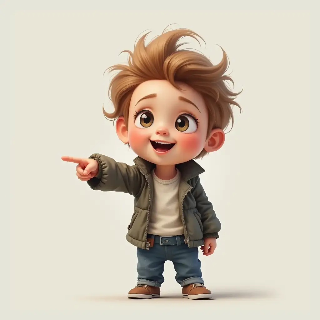 Create a child, without a background, dressed in modern clothes, pointing at something with a curious and strange face at the same time.