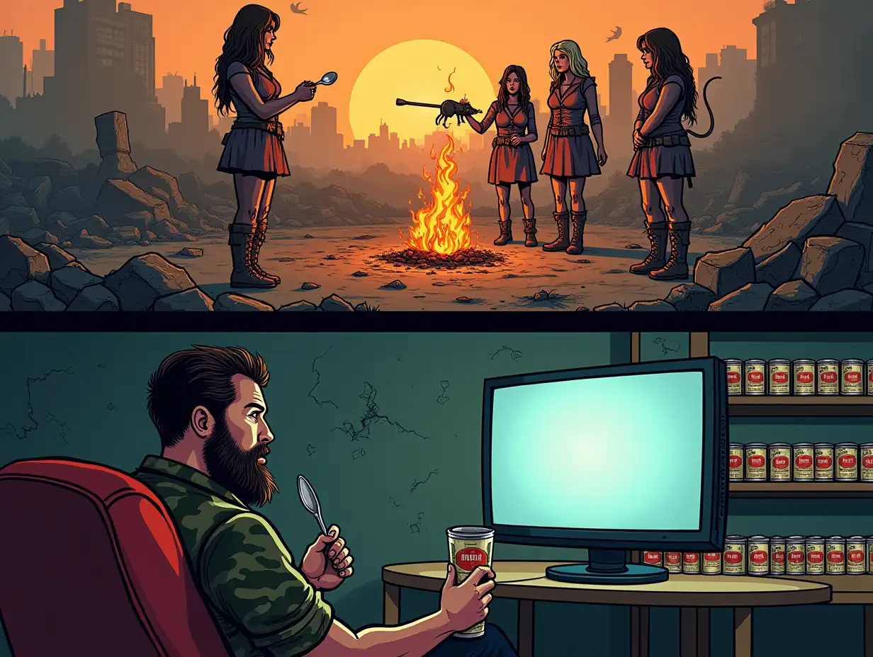 user_prompt: The image is divided into two horizontal parts. At the top, on the ground among ruins, a group of three glamorous women in rags, homeless people, are roasting a rat on a spit. Below, from the bunker, a bearded man in camouflage sits on a sofa, eating canned stew with a spoon from the screen monitor with interest, watching this scene. Along the wall of the bunker shelves with rows of cans of canned food. Cartoon style.