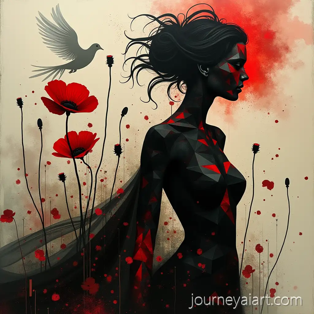 Abstract-Geometric-Composition-with-Regal-Female-Figure-Poppy-and-Dove-Silhouettes