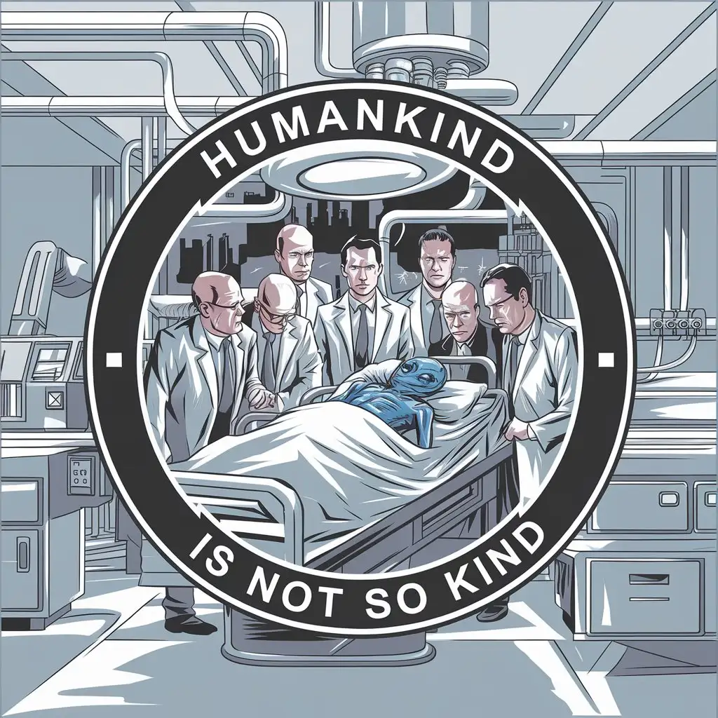 LOGO Design for Humankind is Not So Kind Human Scientists Around Alien Hospital Bed in Lab Interior