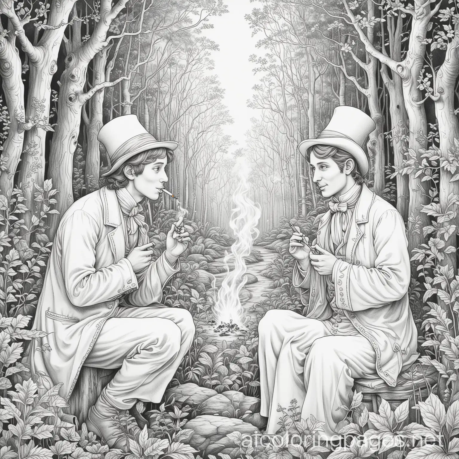 Two-Magicians-Smoking-in-an-Enchanted-Forest-Coloring-Page-for-Kids