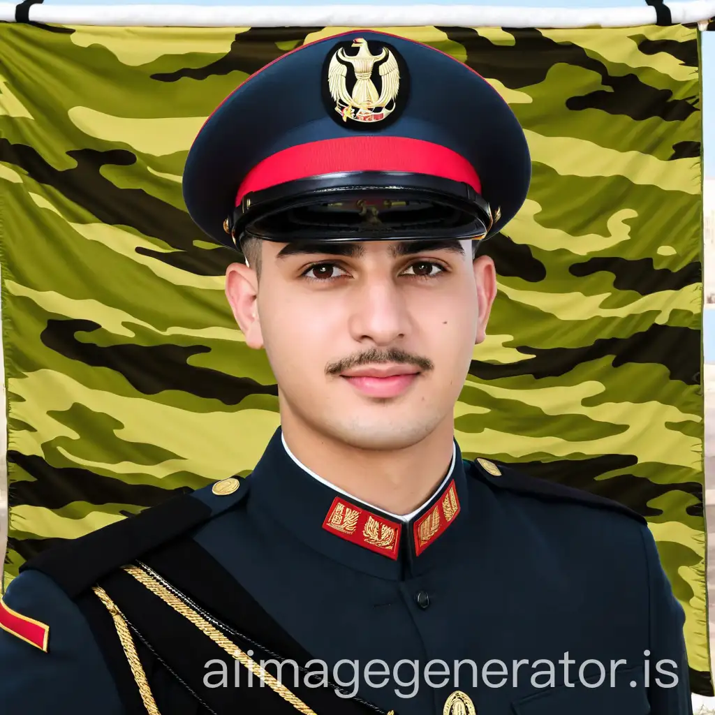 a military college student in Iraq dressed officially in an official photo, he is wearing winter clothing in Nile blue