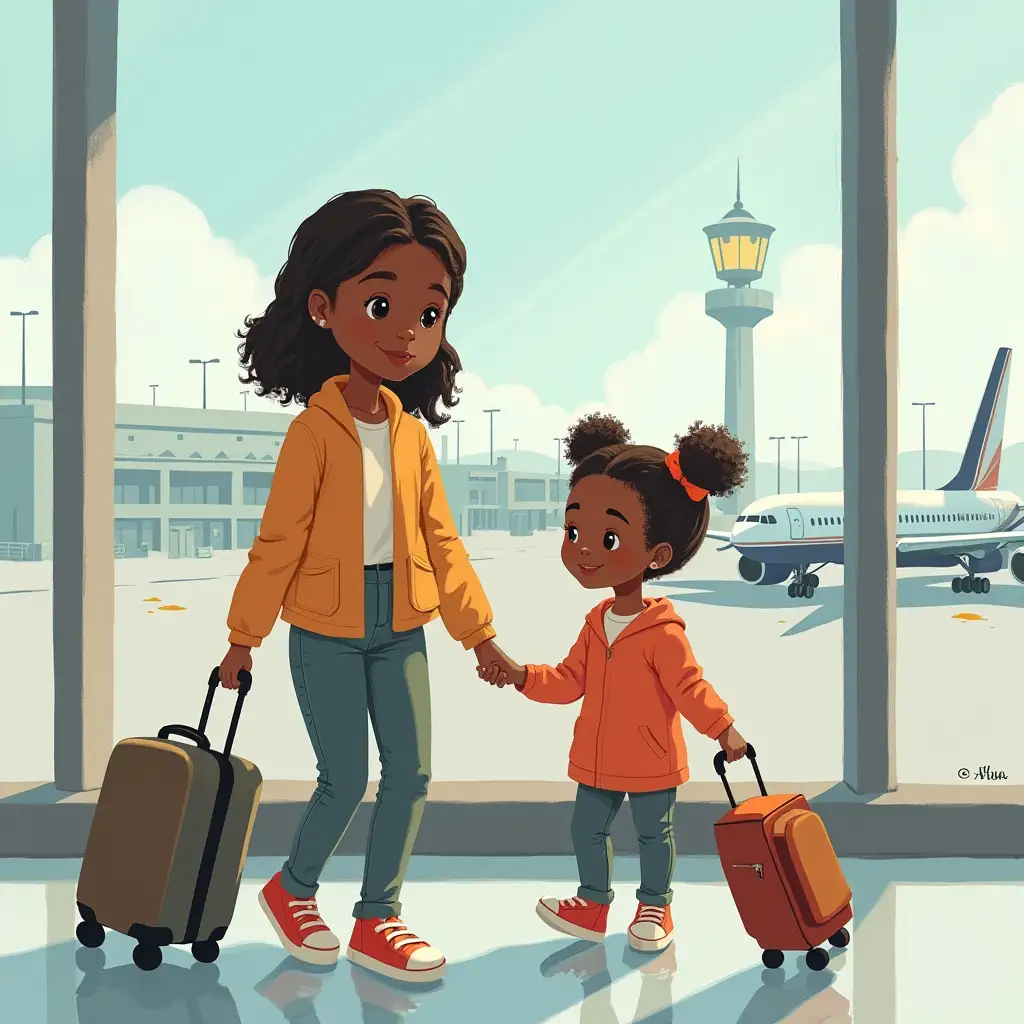 Childrens Book Illustration of Black Mom at the Airport