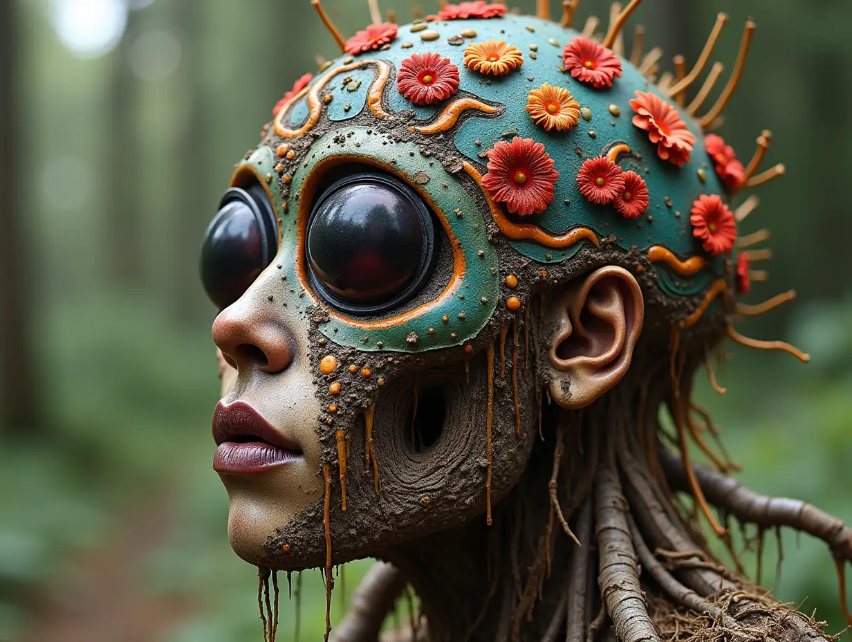 Face transformed into building with colorful Fly Agaric roots