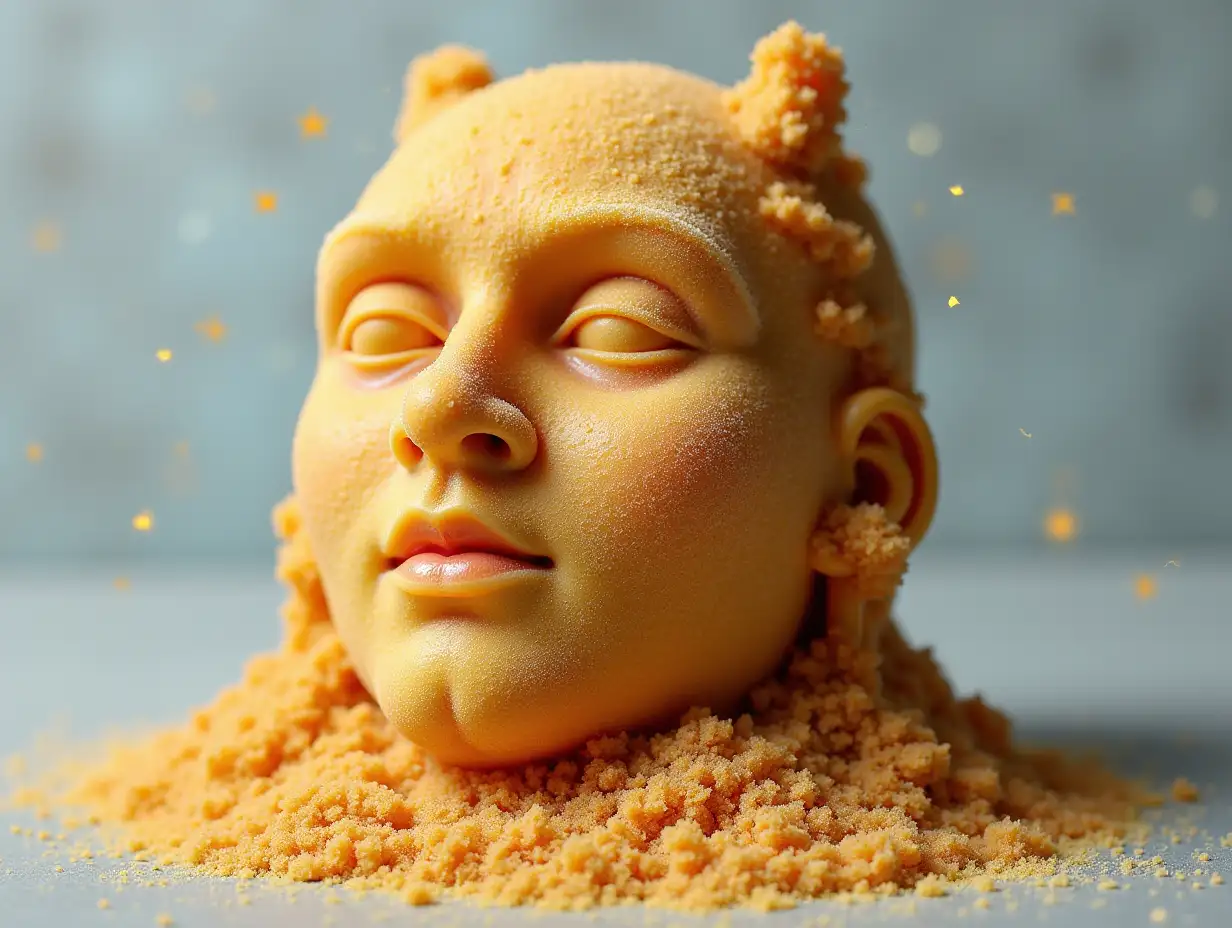 Face transformed into building from pudding