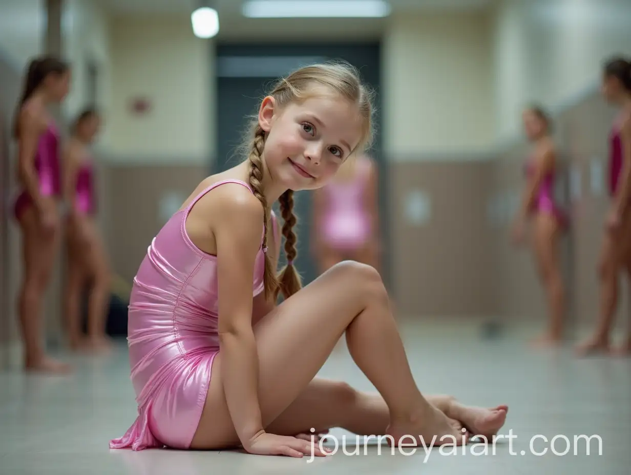 Young-Teen-Girl-Stretching-in-Gymnastics-Leotard-with-Teammates-in-Changing-Room