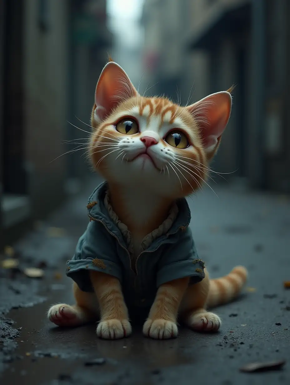 A realistic, highly detailed image of a poor and sad cat sitting alone on a rough, urban street. The cat has unkempt fur, worn-out and slightly dirty. It wears a ripped, tattered shirt and has no shoes, its tiny paws exposed to the cold pavement. Its eyes are large and filled with sorrow, looking up as if longing for kindness. The background is dimly lit, with soft lighting highlighting the cat’s fragile state. The scene evokes deep emotion and realism.