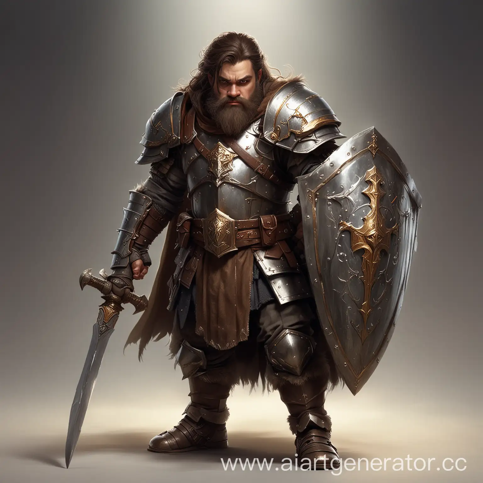 Dwarf Paladin young, dark hair, brown eyes, with shield and saber, fantasy style