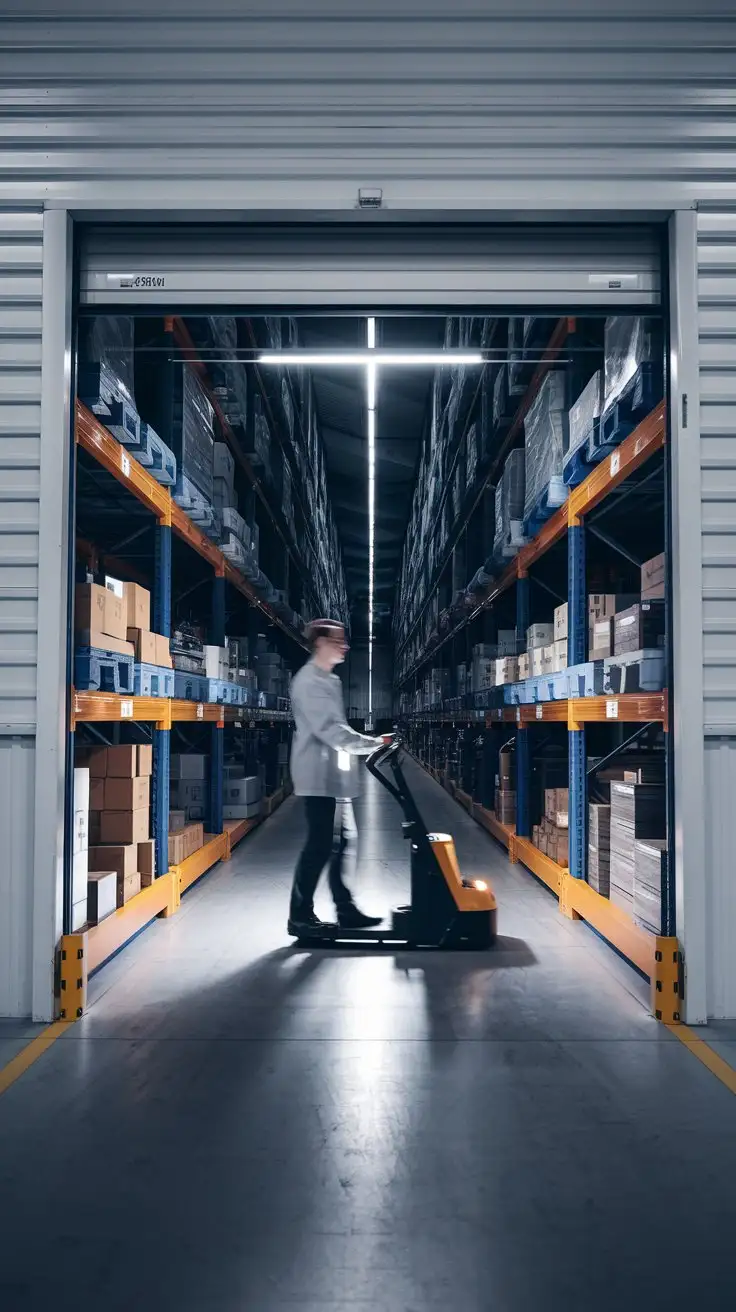 Interior view of a warehouse section illuminated by smart LED lighting. Motion sensor lights are activated in a specific aisle as a worker passes by on an electric pallet jack.  The rest of the warehouse section is dimly lit, showcasing the energy-saving zoning system.  Focus on the efficient and targeted lighting.