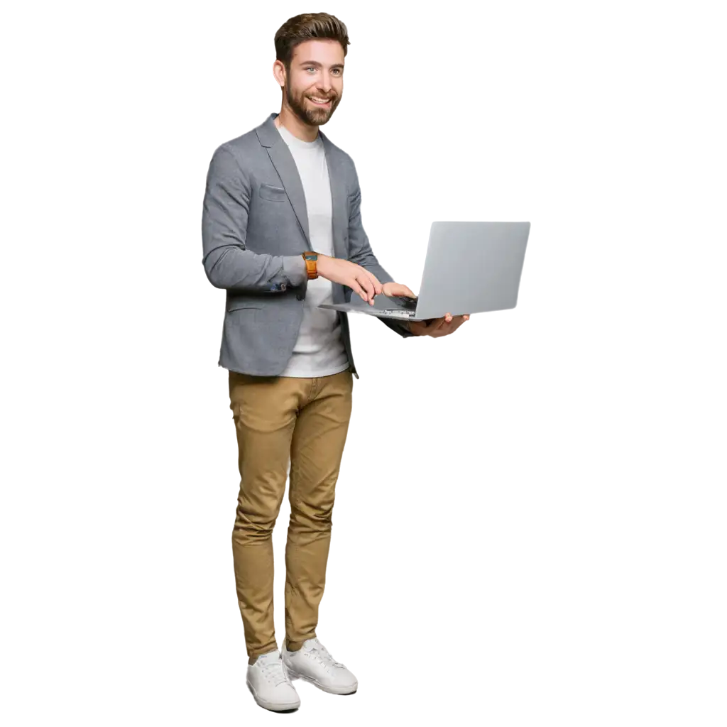 a web designer with a beard is standing with a laptop in hand and smiling