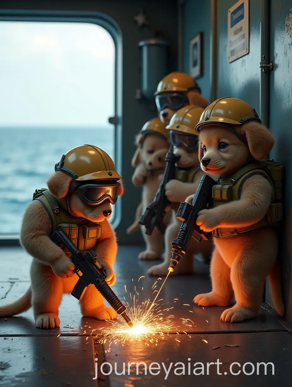 Humanoid-Puppies-in-Military-Gear-Repairing-a-Ship-at-Sea