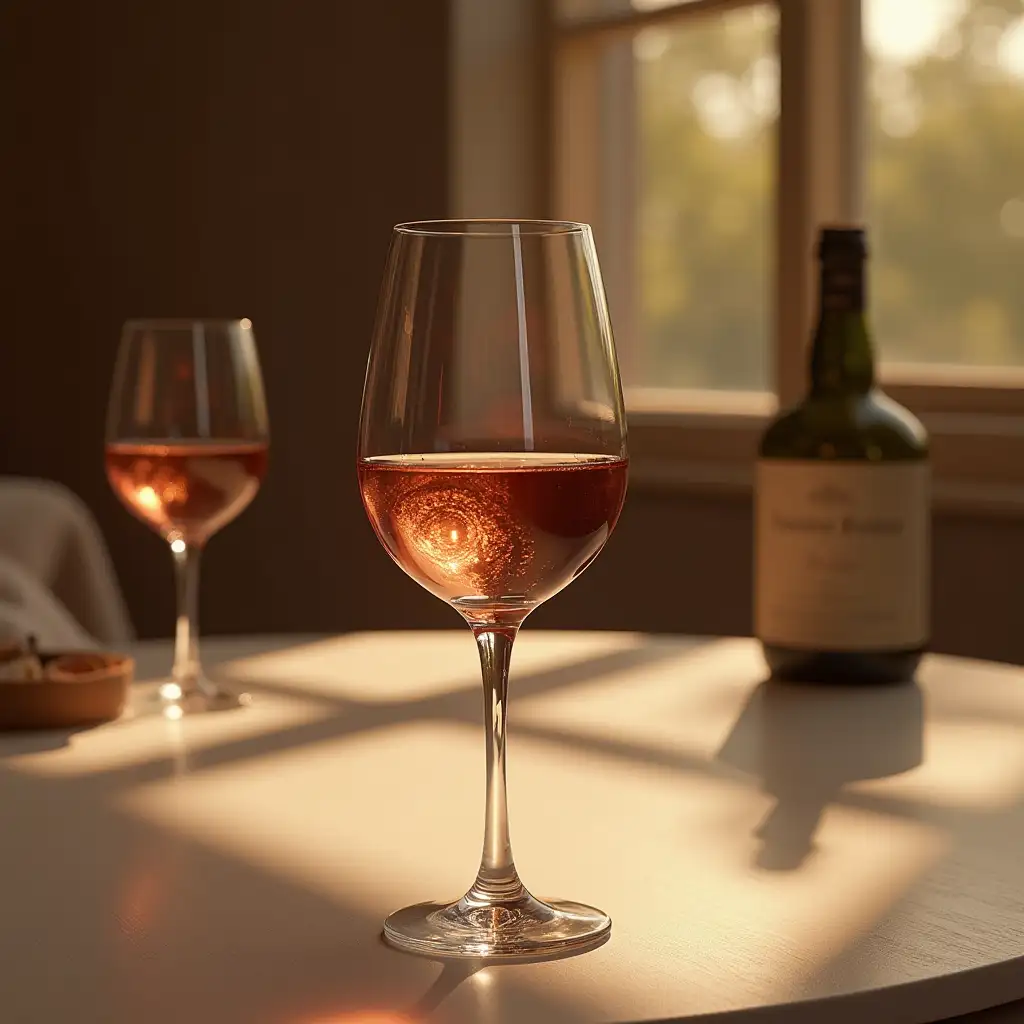 glass of wine on a table with aesthetic setting around it