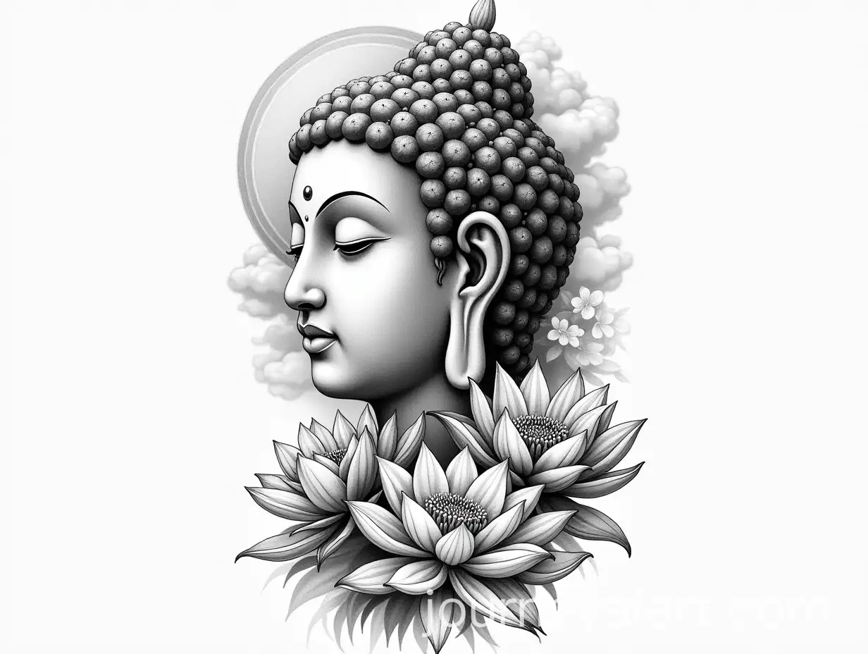 Black-and-White-Buddha-Head-Tattoo-with-Lotus-Flowers-and-Cherry-Blossoms
