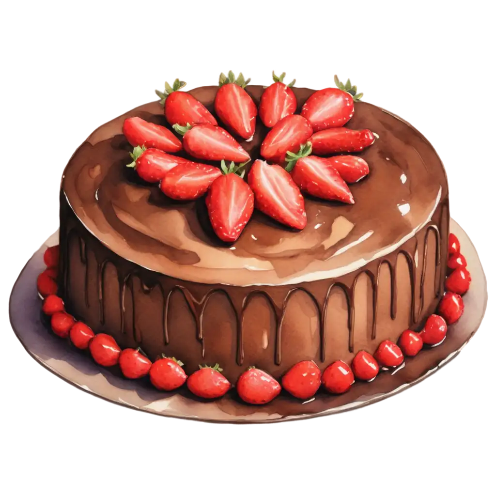 Watercolour-Painted-Style-Chocolate-Strawberry-Cake-PNG-Image