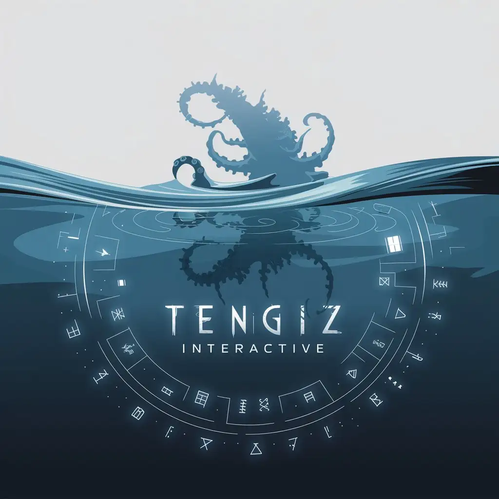 LOGO Design for Tengiz Interactive Ocean Surface with Mystical Sea Creature and Glowing Runes