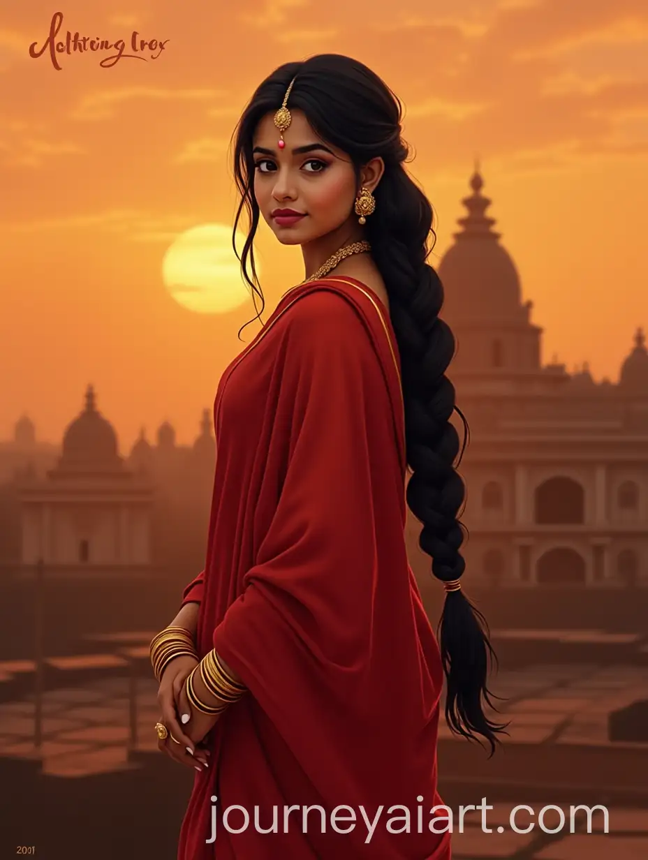 Indian-Girl-in-Traditional-Red-Saree-at-Sunset-in-a-Temple-with-Saffron-Forehead-Decoration