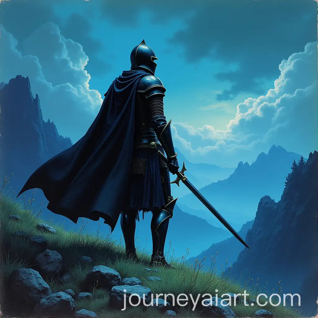 1970s-Dark-Fantasy-Dungeons-and-Dragons-Paper-Cover-Art-with-Black-Armored-Knight-on-Blue-Magic-Grass-Hills